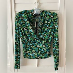 CATHERINE MALANDRINO Wrap top Floral-print padded shoulders top. Size XS